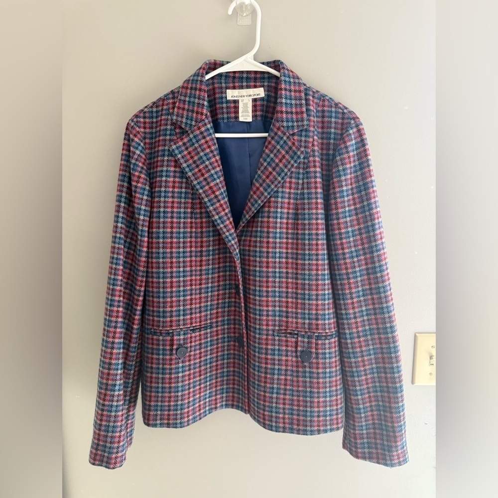 Jones New York Plaid Wool Blazer Jacket Women’s SZ L Blue Red Button Up Winter